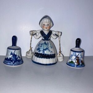Holland Blue and White Ceramic Figurine and Mini Bell‎ Set